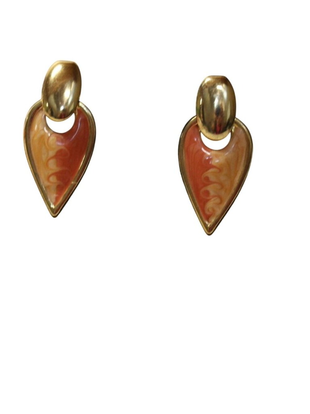 Vintage 1980s Gold Tone Peach Coral Enamel Swirl Teardrop Dangle Post Earrings